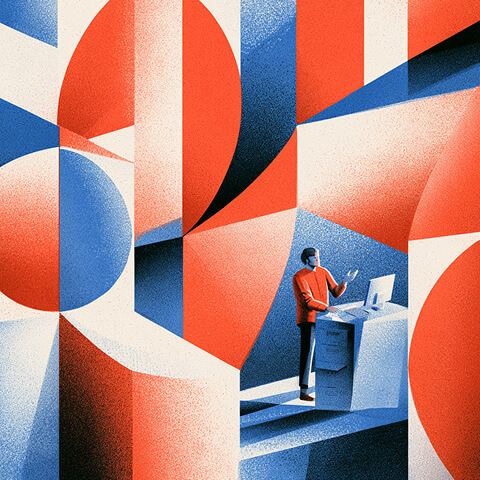 Professional working at a computer within an abstract geometric environment, representing everyday interaction with an AI assistant.
