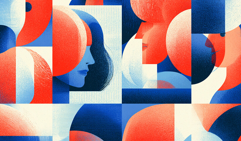 Abstract human profile integrated into overlapping geometric forms, representing AI understanding, reasoning, and human interaction.