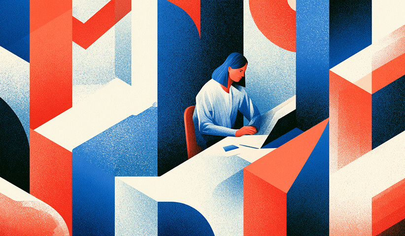 Professional working at a laptop within layered geometric shapes, representing AI-assisted productivity and digital workflows.