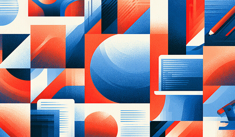 Abstract composition of digital interfaces, documents, writing tools, and geometric forms representing different AI features and capabilities.
