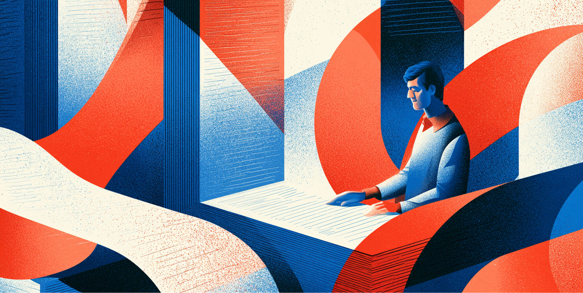 Professional working at a large digital interface surrounded by flowing geometric forms, representing focused AI-assisted research, writing, and analysis.