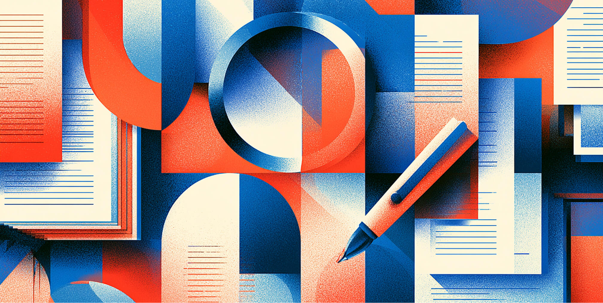 Magnifying glass and pen surrounded by documents and abstract geometric forms, representing the comparison and evaluation of AI platforms.