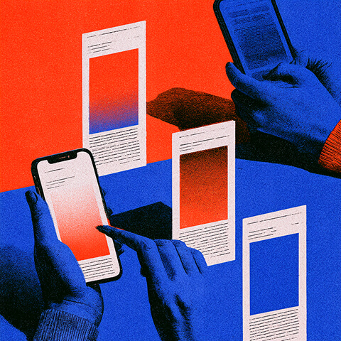 Hands interacting with multiple mobile interfaces, representing how digital ads and branded content can appear across conversational and mobile experiences.