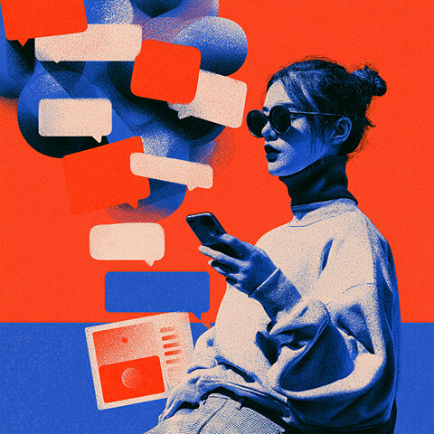 Person using a smartphone surrounded by conversation bubbles, representing advertising within AI-powered conversational experiences.