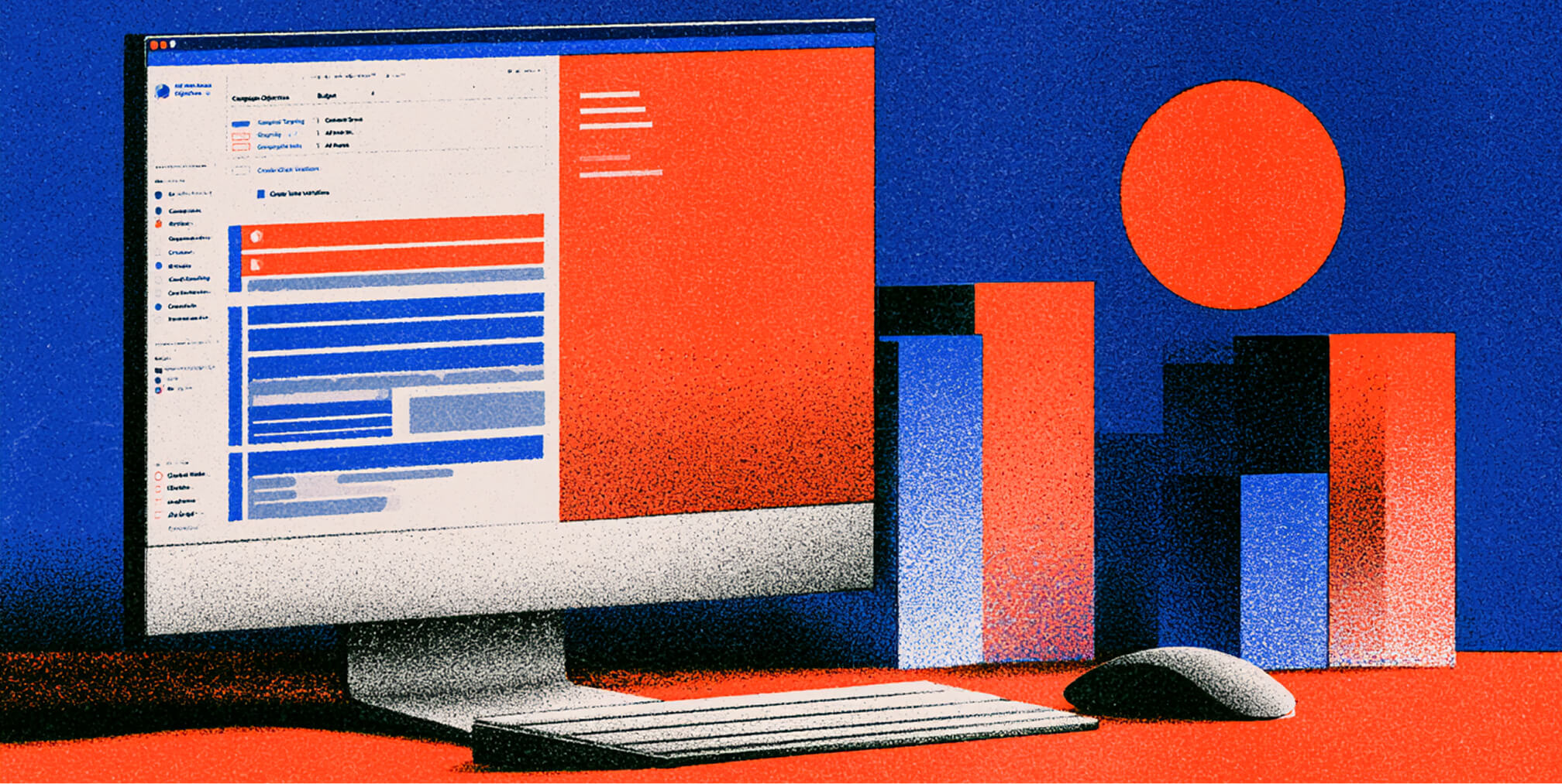 Desktop analytics interface with multiple bar charts and campaign data, representing the measurement and analysis of ChatGPT advertising results.