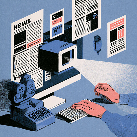 Editorial illustration of a person using a computer surrounded by digital news articles and media sources, representing AI-driven content discovery.