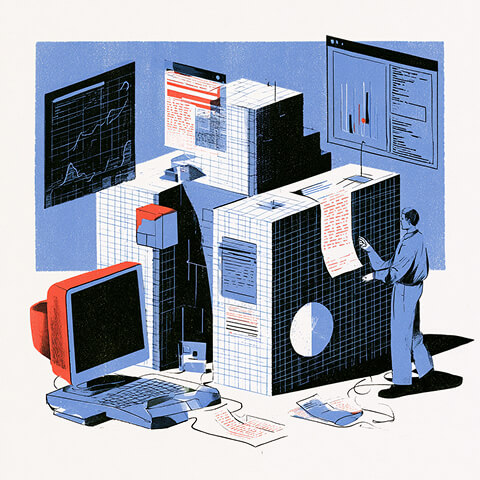 Editorial illustration of a professional analyzing interconnected data systems, dashboards, and digital content within an AI search ecosystem.