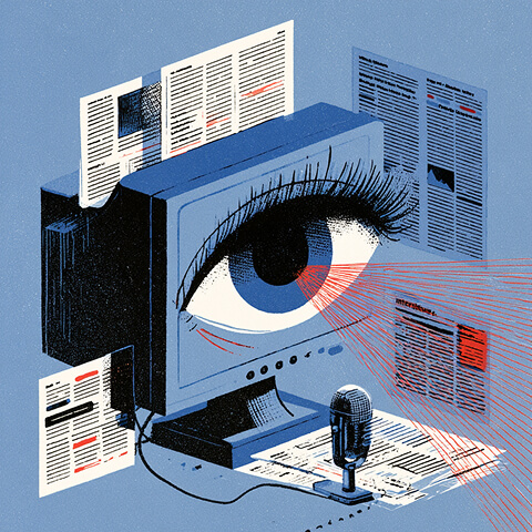 Editorial illustration of a large digital eye scanning online articles and data, representing AI search visibility and content discovery.