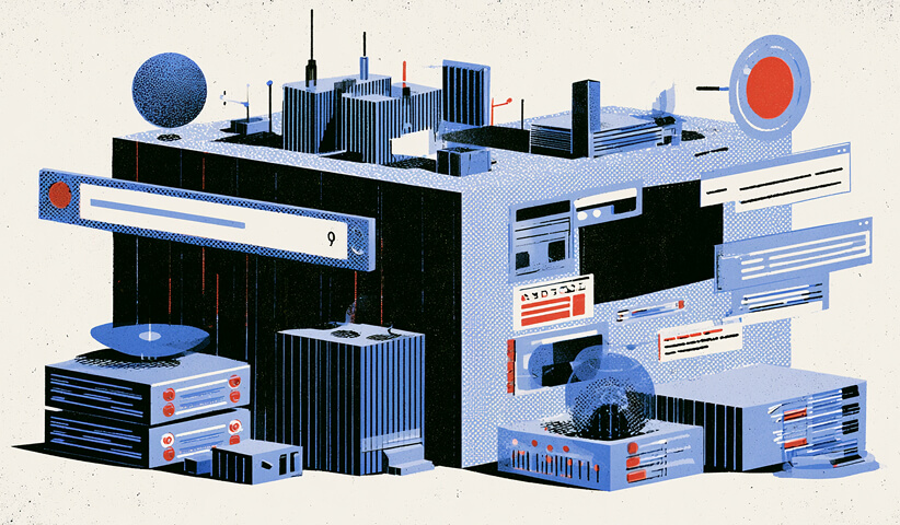 Editorial illustration of a digital search ecosystem with search bars, web pages, servers, and connected platforms representing AI search advertising.
