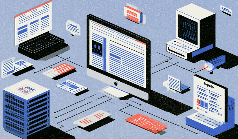 Editorial illustration of interconnected computers, web pages, and digital content flowing across multiple AI search platforms.
