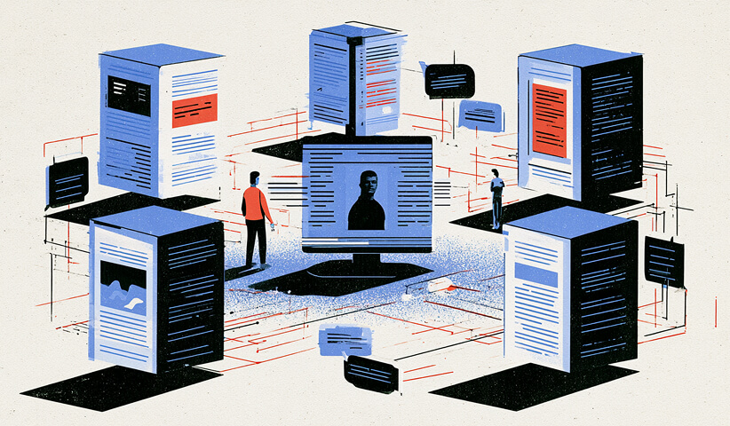Editorial illustration of people surrounded by connected servers, digital profiles, and messaging interfaces representing personalized AI search experiences.
