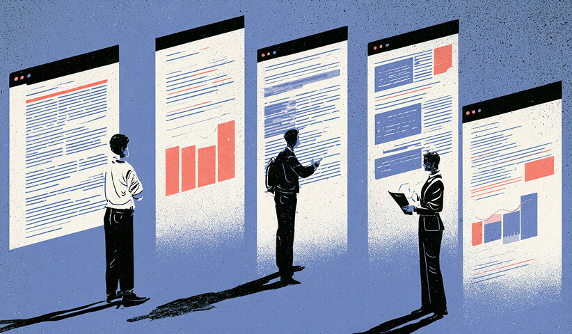 Editorial illustration of professionals reviewing multiple digital search results, analytics dashboards, and content panels.