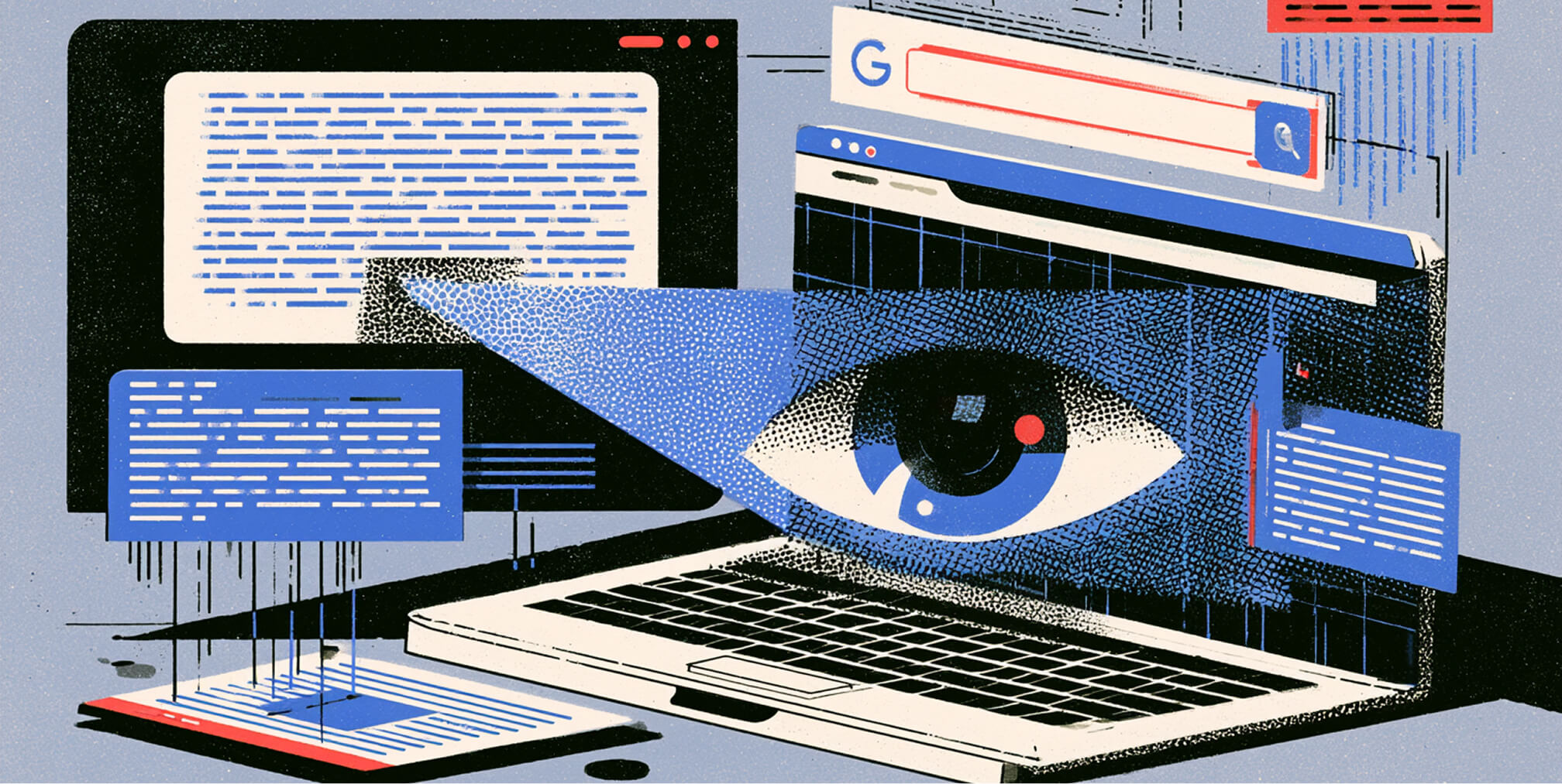 Editorial illustration of a laptop with a large digital eye scanning search results and online content, representing visibility in AI-powered search.