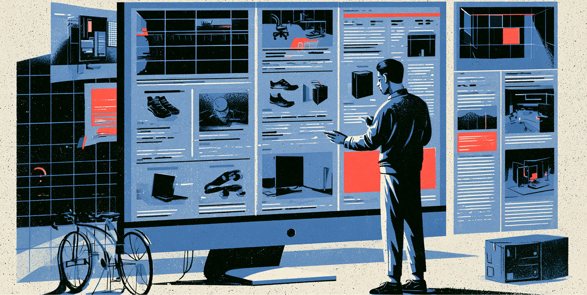 Editorial illustration of a person browsing product listings and digital content across a large screen, representing product discovery through AI search.