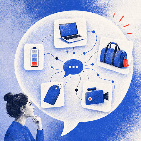 Icons for shopping, product, and targeting assets feeding into a single AI chat bubble