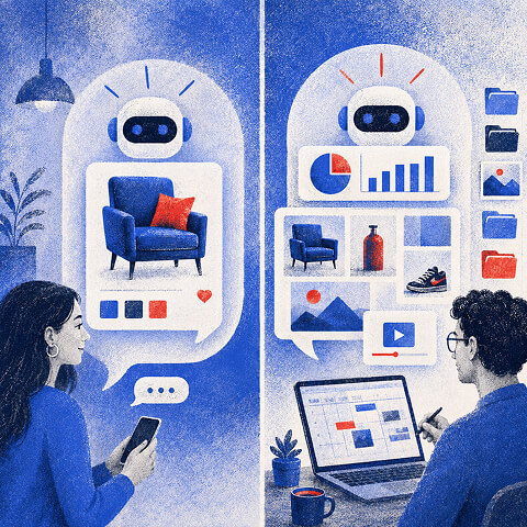 Split illustration of a shopper chatting with an AI assistant on mobile and a marketer reviewing campaign assets on a laptop