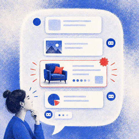 Chat interface mockup showing several response cards, with one product card highlighted as a sponsored placement
