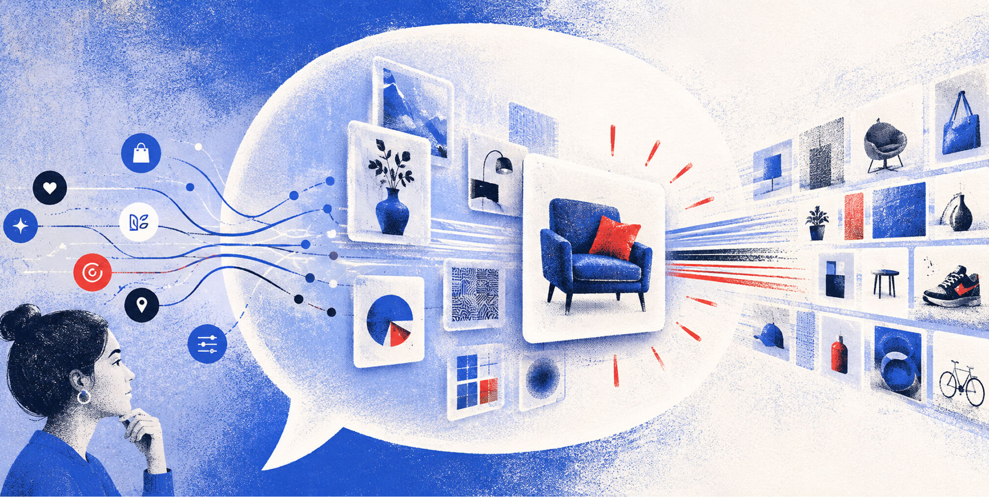 Illustration of a woman consulting an AI chat assistant that surfaces furniture, décor, and product options from a wider retail catalog