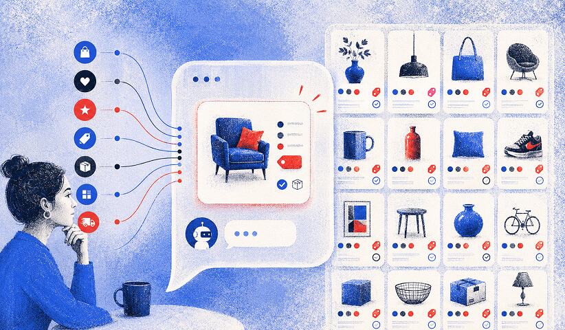 Grid of product listing cards, each marked with icons for pricing, targeting, and shipping details