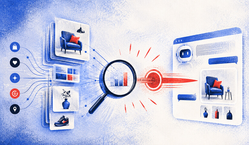 Product images and data flowing through a magnifying glass into a website's product page