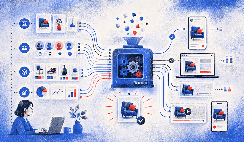 Diagram of product, audience, and performance data feeding into a machine that outputs a finished ad across devices