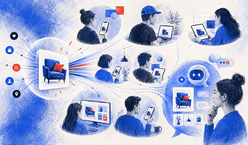 Illustration of a single product ad reaching shoppers across phones, tablets, and laptops, with a marketer reviewing it in an AI chat
