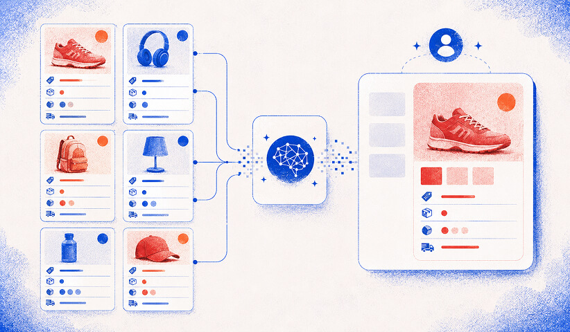 Illustration of multiple product cards feeding into an AI system that generates a structured product profile with pricing and shipping details