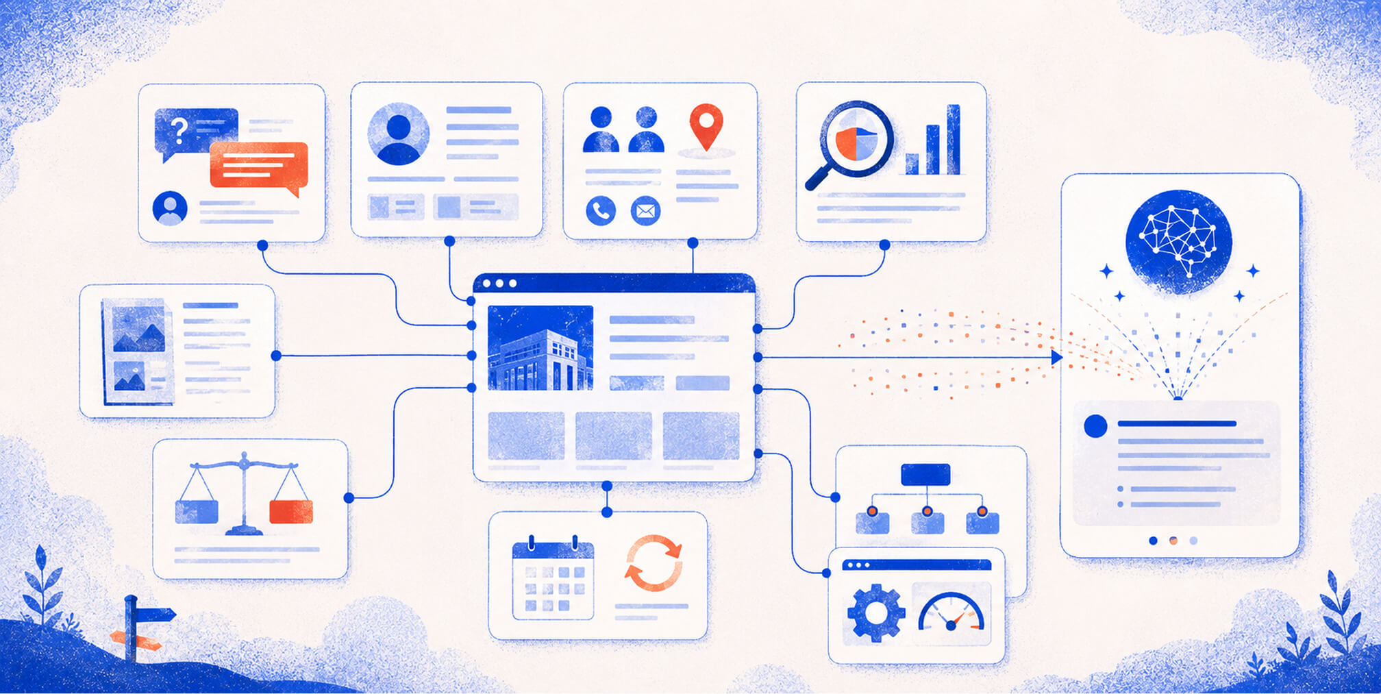 Diagram of a company's website content, profile information, comparisons, and other sources feeding into an AI-generated answer