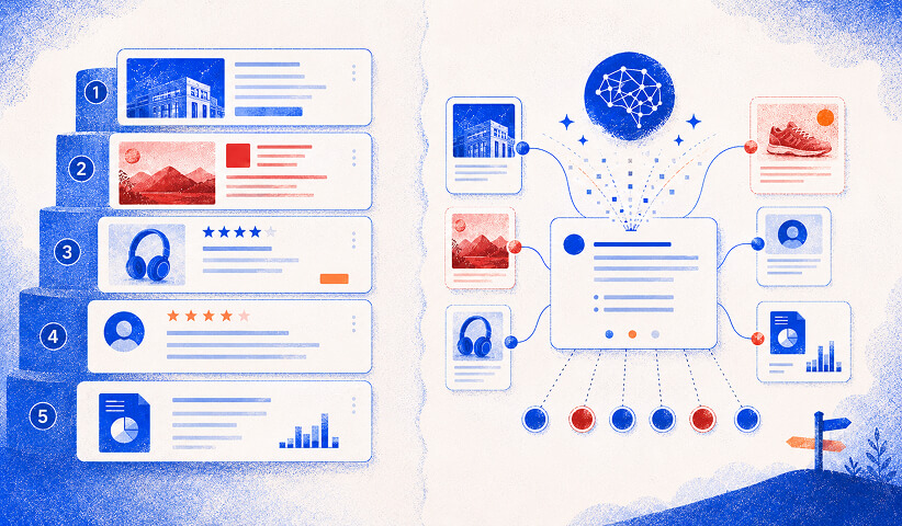 Illustration of five ranked steps for improving AI answer visibility, alongside a diagram of content and review assets feeding into an AI system