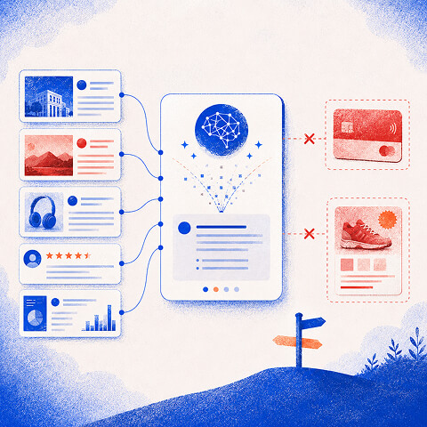 Split illustration of a person asking an AI assistant a question and reviewing source citations