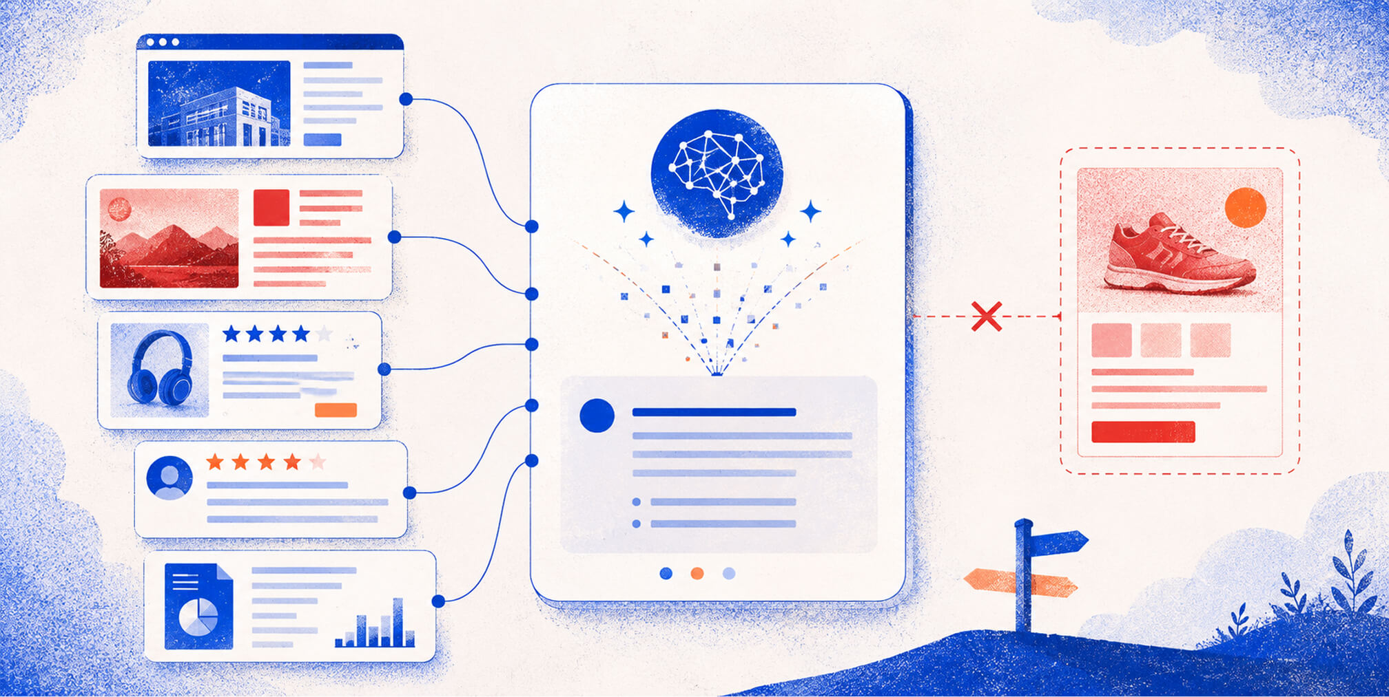 Illustration of a person researching a topic through an AI chat interface, with source citations and product comparisons branching out around them