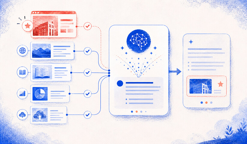 Illustration of a flagged, unverified listing versus verified sources feeding into an AI-generated answer with a trustworthy citation
