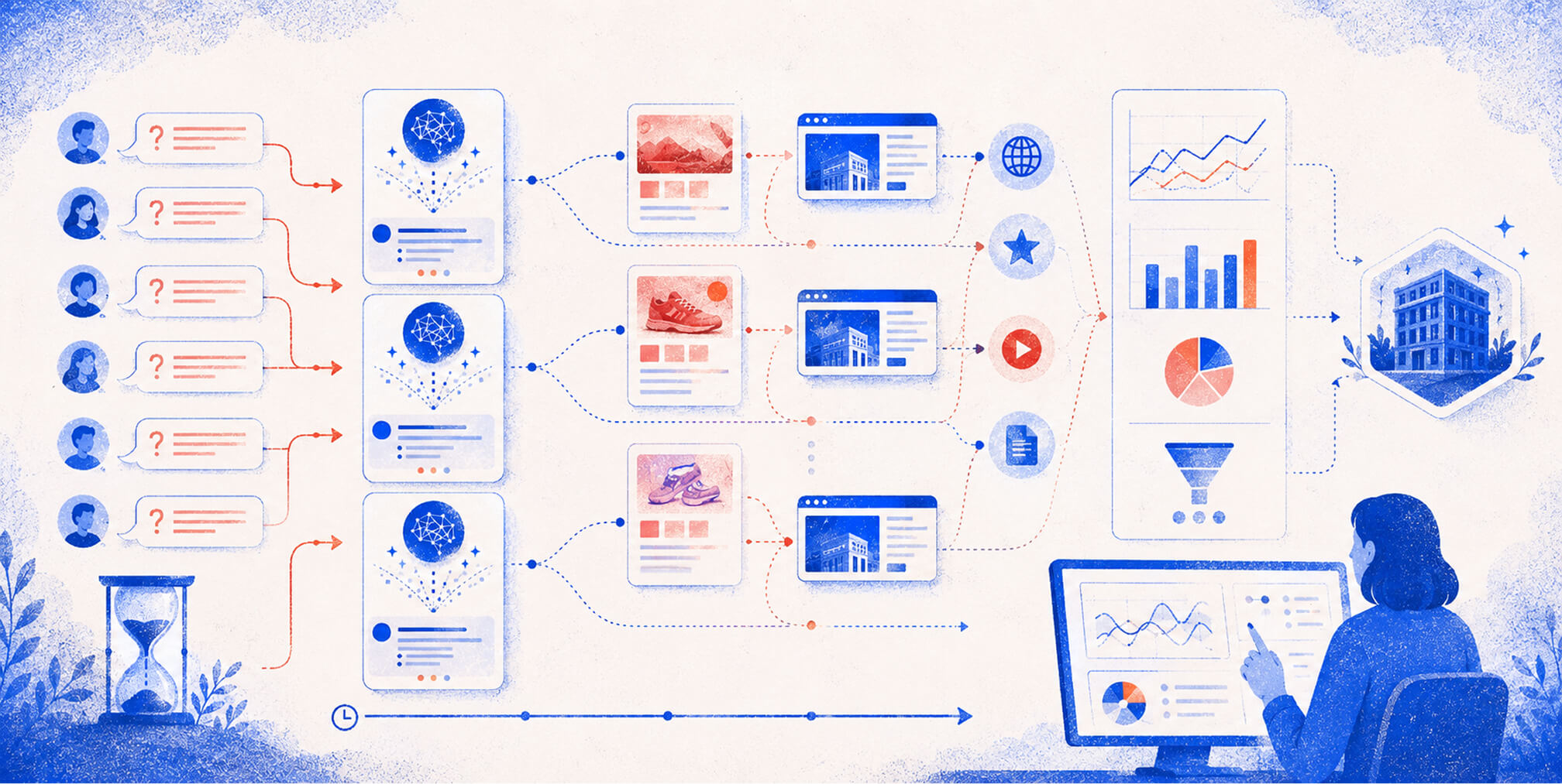 Illustration of many customer questions being processed by AI systems into structured content and citations, which a marketer reviews on an analytics dashboard