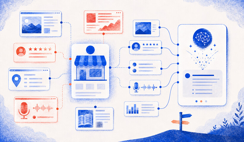 Illustration of a local business's information sources, including reviews, location, images, and audio, feeding into an AI system, with verified sources shown in blue and unverified ones in red