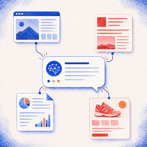 Icons for citations, product discovery, and AI search feeding into a single conversational chat bubble