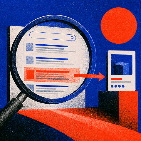 Magnifying glass highlighting a high-intent search result and purchase path.