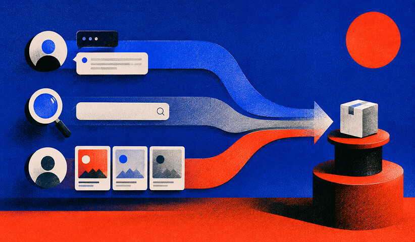 Conversational research, active search, and passive discovery leading toward a purchase.