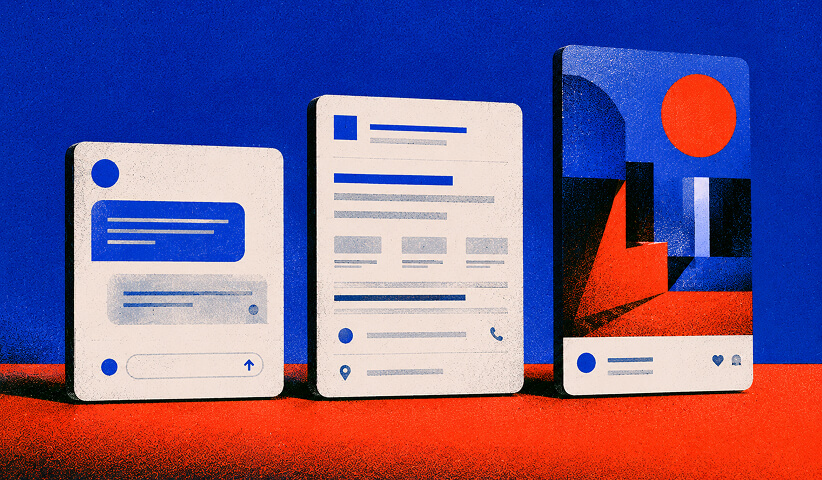 Conversational, search, and social advertising creative formats shown side by side.