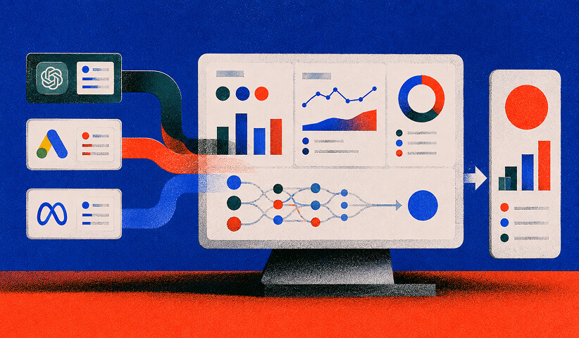 Three advertising channels feeding shared conversion, revenue, and attribution metrics.