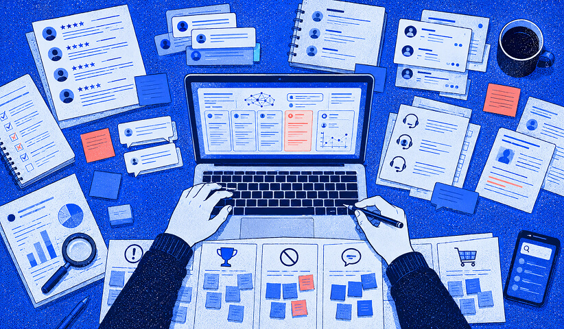 Customer reviews and research being grouped into recurring problems, motivations, and buying triggers.