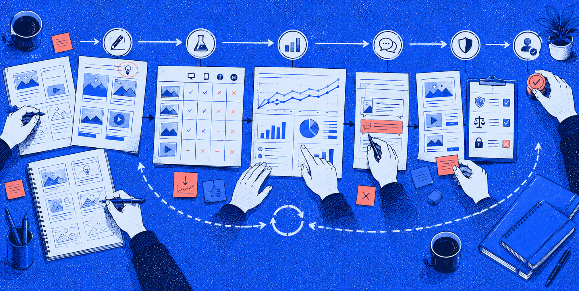 Advertising workflow moving through testing, analysis, critique, revision, and final human approval.