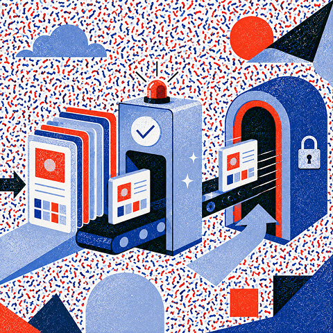 Editorial illustration of product data cards moving through an automated verification system into a secure digital platform.