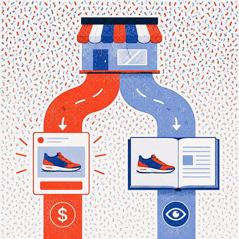 Editorial illustration of an online store splitting into paid product advertising and organic product discovery paths.