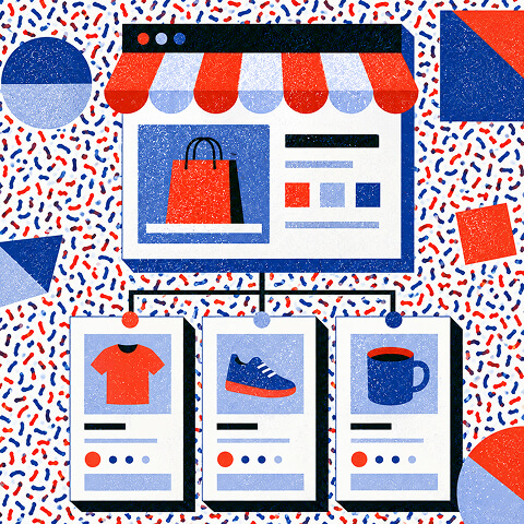 Editorial illustration of an online storefront connected to product cards for clothing, shoes, and accessories, representing an e-commerce product feed.