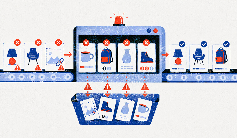 Editorial illustration of an automated product feed reviewing e-commerce listings and filtering product data before distribution.