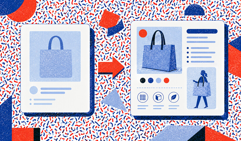 Editorial illustration showing a basic product listing transformed into a detailed e-commerce product page with richer product information.