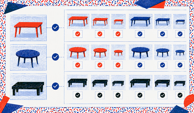 Editorial illustration of multiple furniture products and variants organized in a structured e-commerce product catalog.