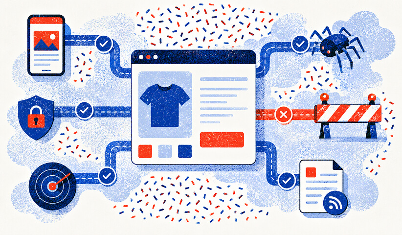 Editorial illustration of an e-commerce product page connected to images, security, targeting, data feeds, and technical requirements.