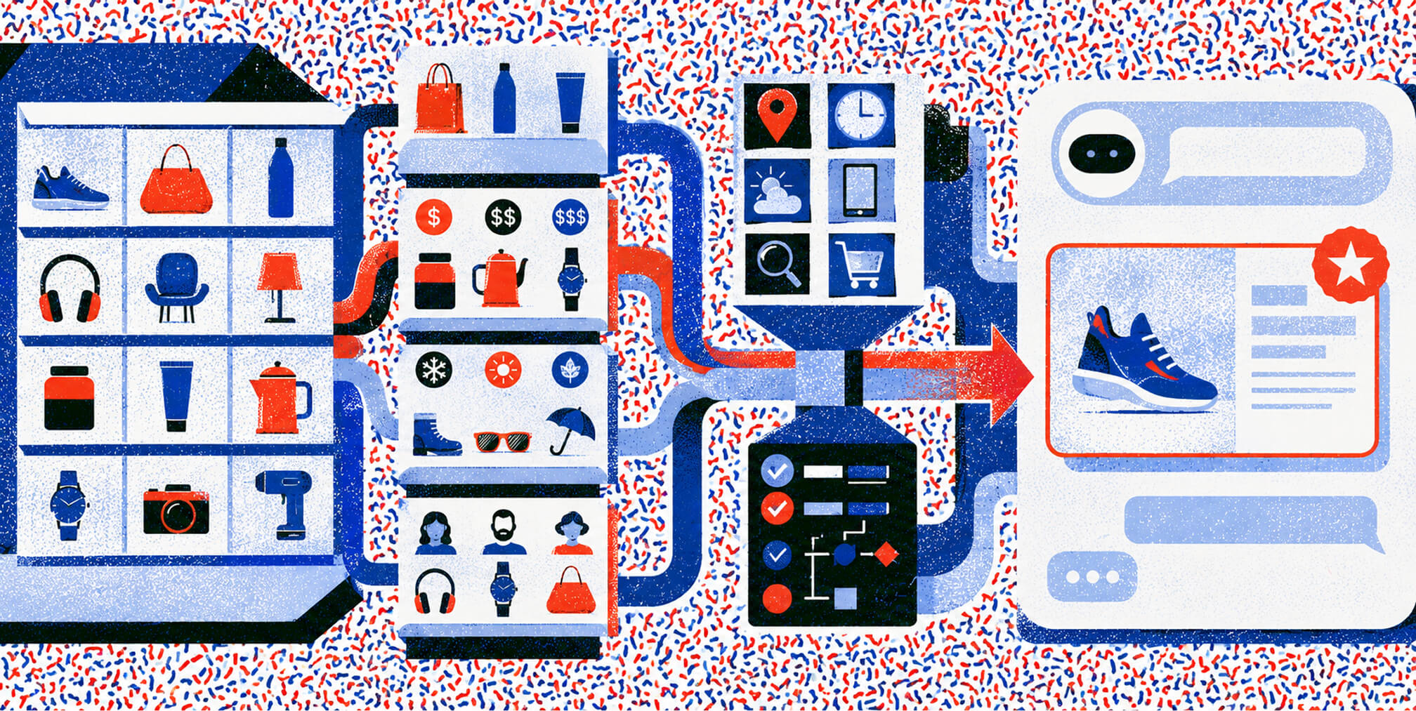 Editorial illustration of an e-commerce catalog connected to product attributes, customer data, and a ChatGPT shopping recommendation.