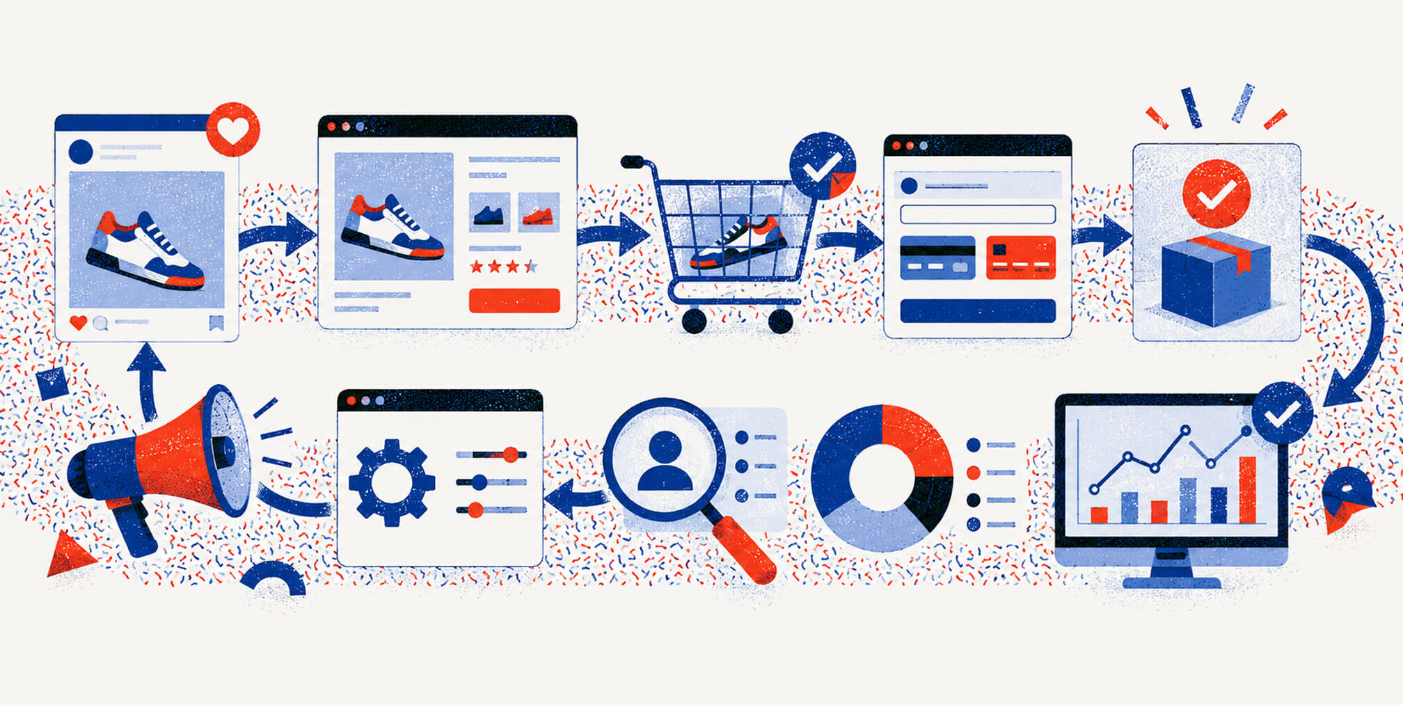 Editorial illustration of the e-commerce customer journey from product discovery and shopping to checkout, fulfillment, analytics, and remarketing.